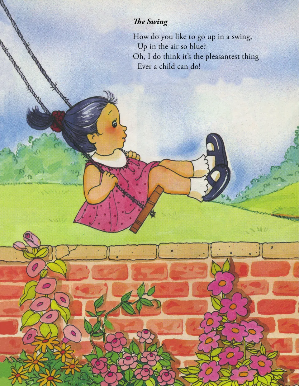 The Swing opens with a stanza about the pleasure of swinging up into blue air, illustrated by a child