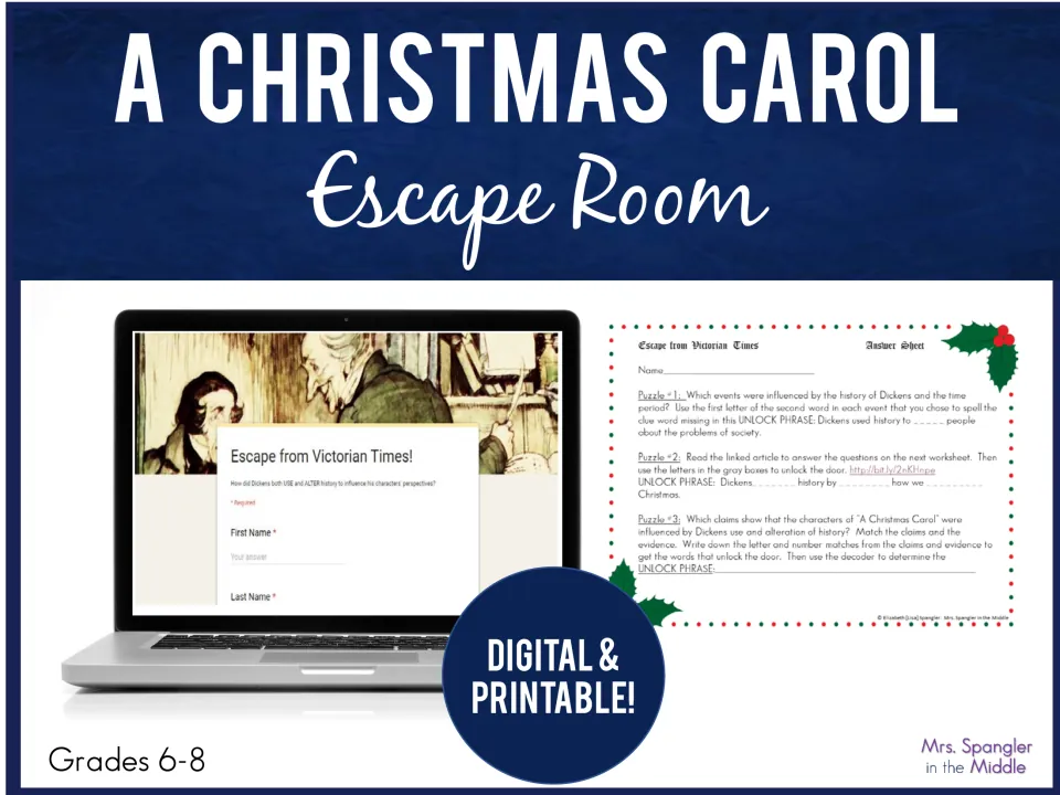 Cover for A Christmas Carol: Escape Room, Grades 6-8, digital and printable, showing the Google Form and answer sheet