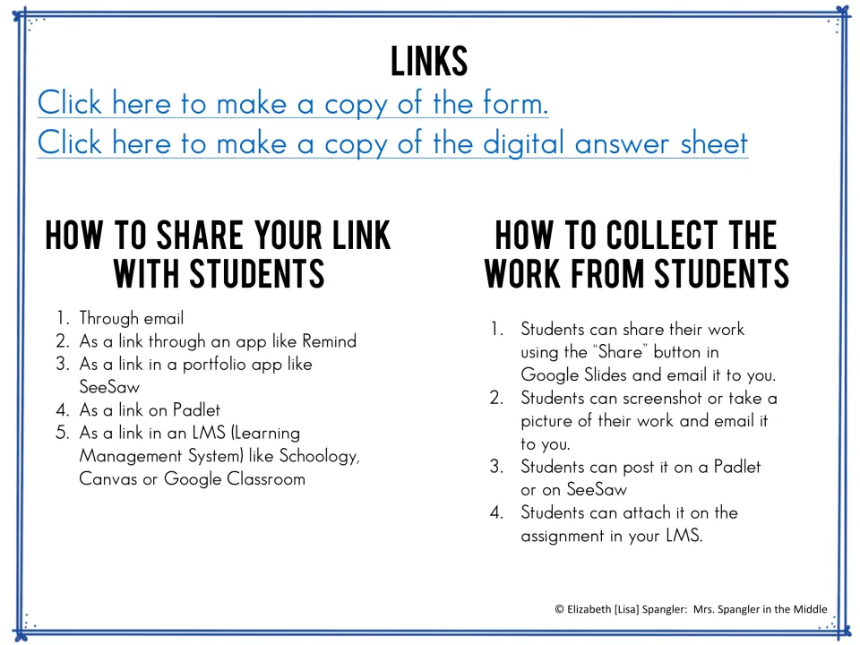 Links to copy the form and digital answer sheet, plus ways to share links and collect student work via email, Padlet, LMS