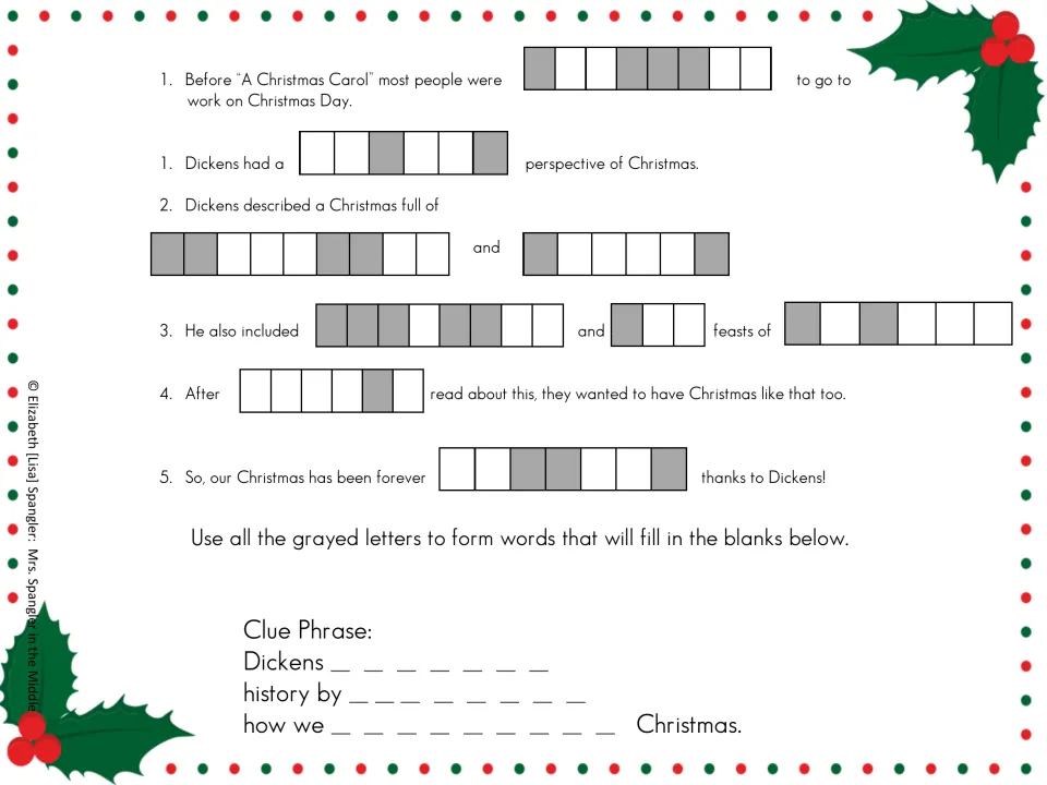 Puzzle 2 questions: students complete sentences on how Dickens shaped Christmas, then use gray letters for a clue phrase