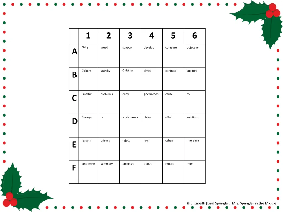 Puzzle 3 decoder: letters A-F and numbers 1-6 point to words like Giving, greed and Scrooge used to build the unlock phrase