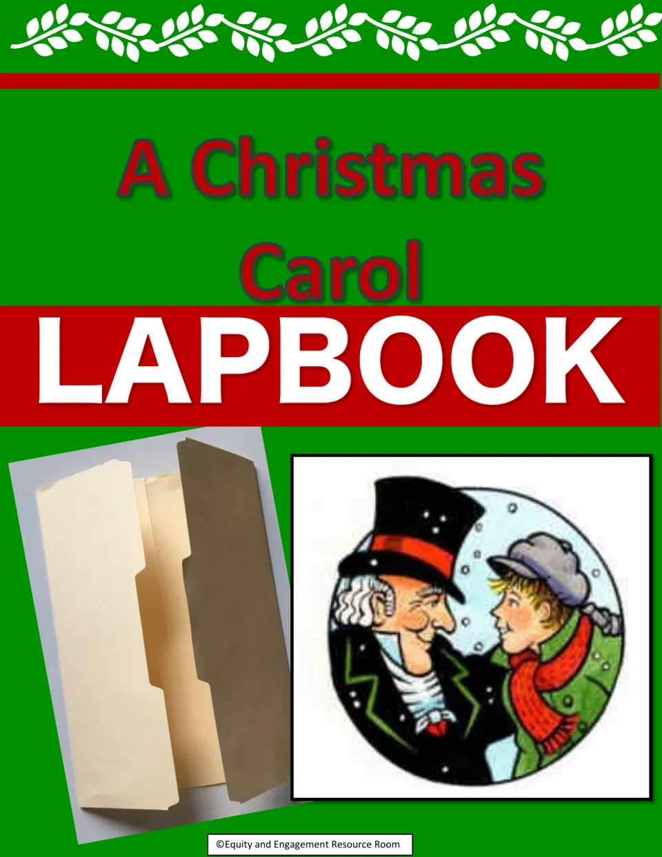 Lapbook resource cover showing a folded file folder and an illustration of Scrooge beside a child in snow