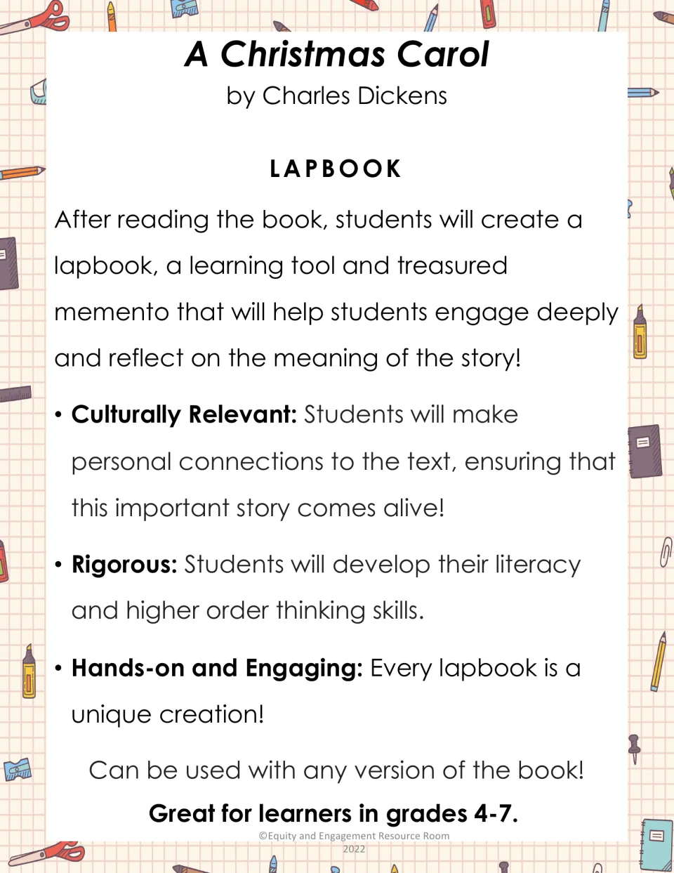 Lapbook overview explaining the post-reading project, personal connections, and use with any book version