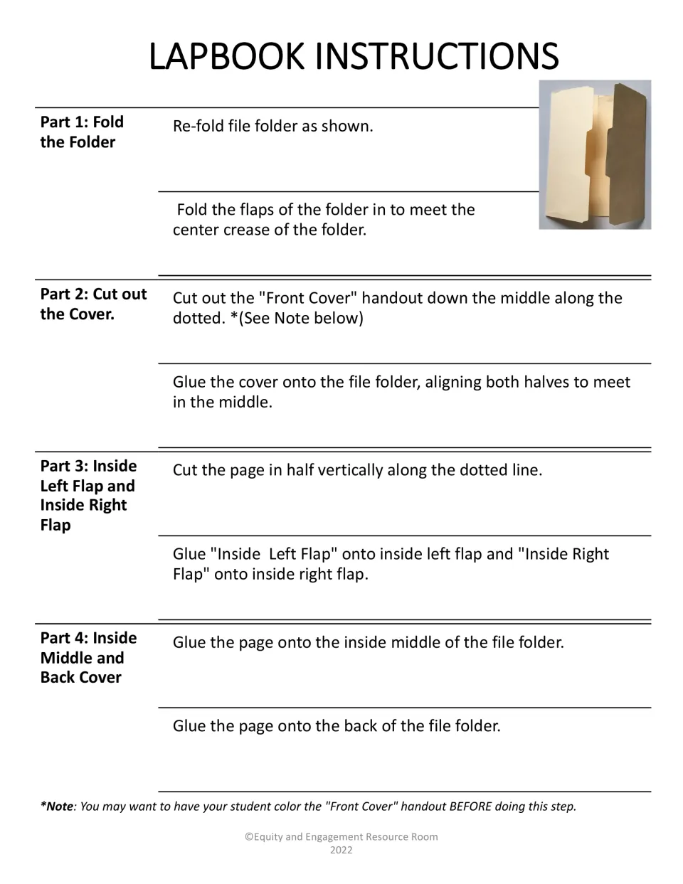 Lapbook assembly instructions for folding the folder, cutting the cover, and gluing flaps and remaining pages