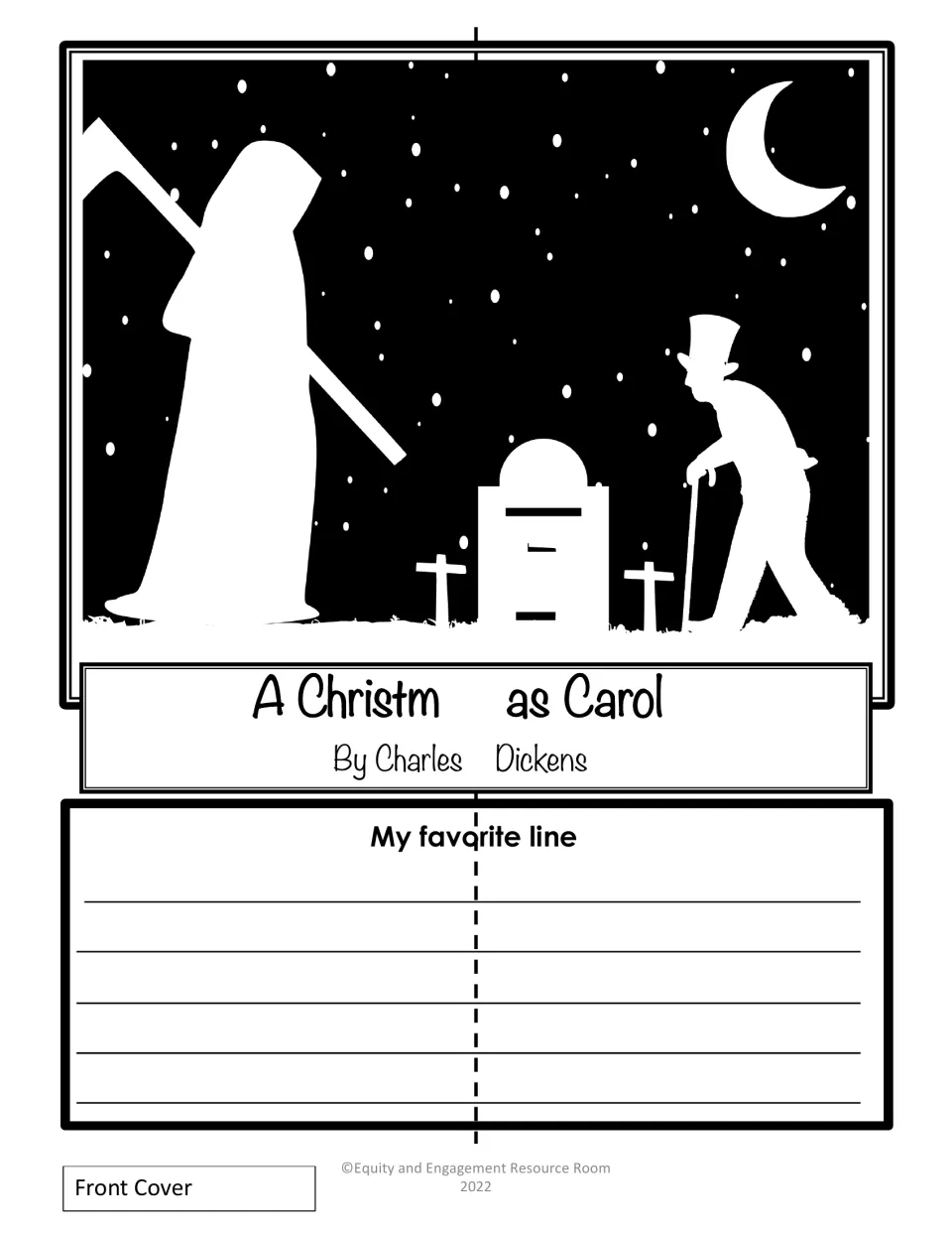Lapbook front cover template featuring Scrooge and a hooded spirit at a grave, plus a favorite-line prompt