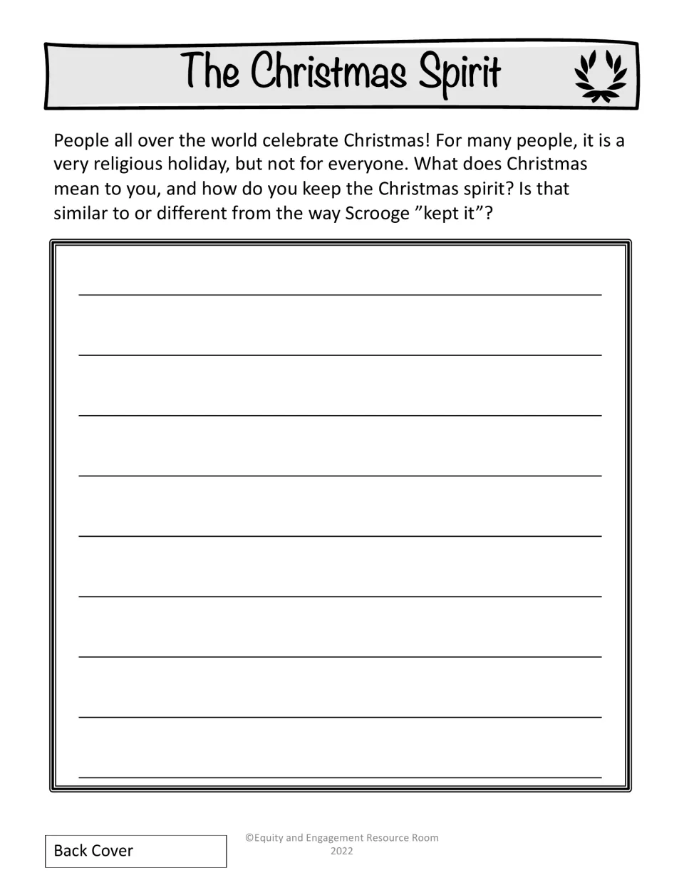 Lapbook back cover asks what Christmas means to students and compares their Christmas spirit with Scrooge’s