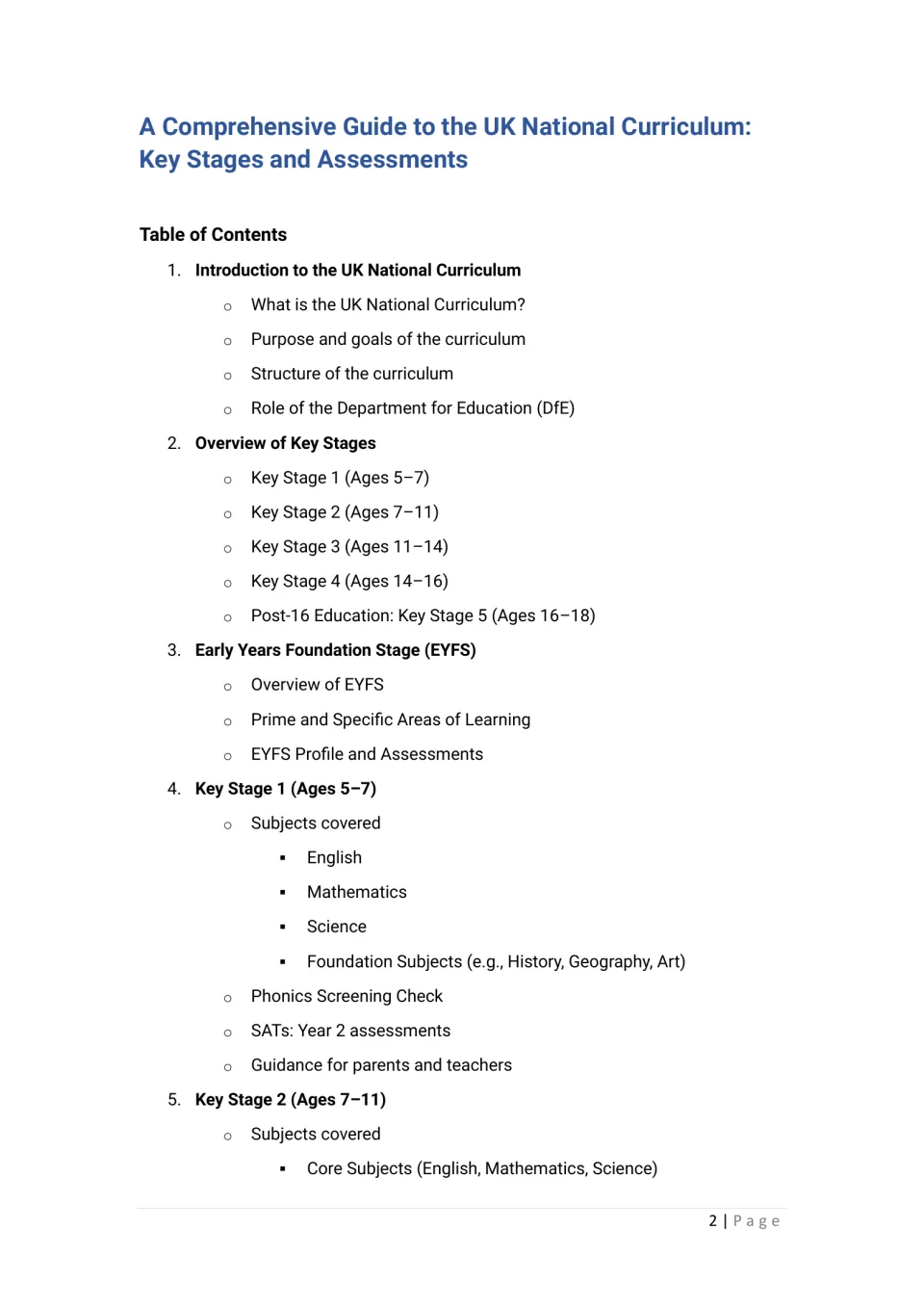 Table of contents, sections 1 to 5: curriculum introduction, Key Stages overview, EYFS, Key Stage 1 and part of Key Stage 2