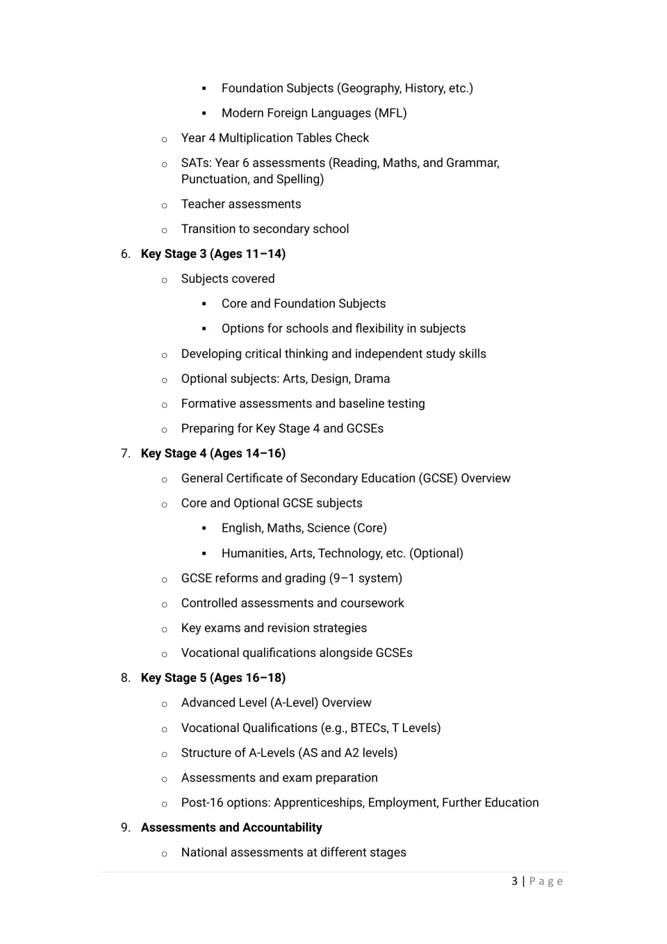 Contents continued: Key Stage 2 checks, Key Stages 3 to 5 with GCSEs, A-Levels, BTECs and T Levels, and accountability