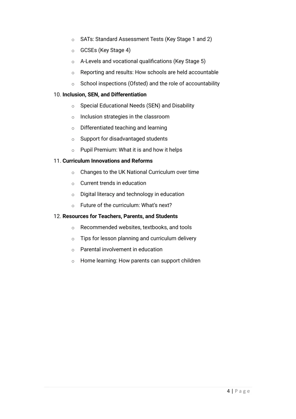 Contents end: Ofsted inspections, inclusion and SEN, Pupil Premium, curriculum reforms, and resources for parents