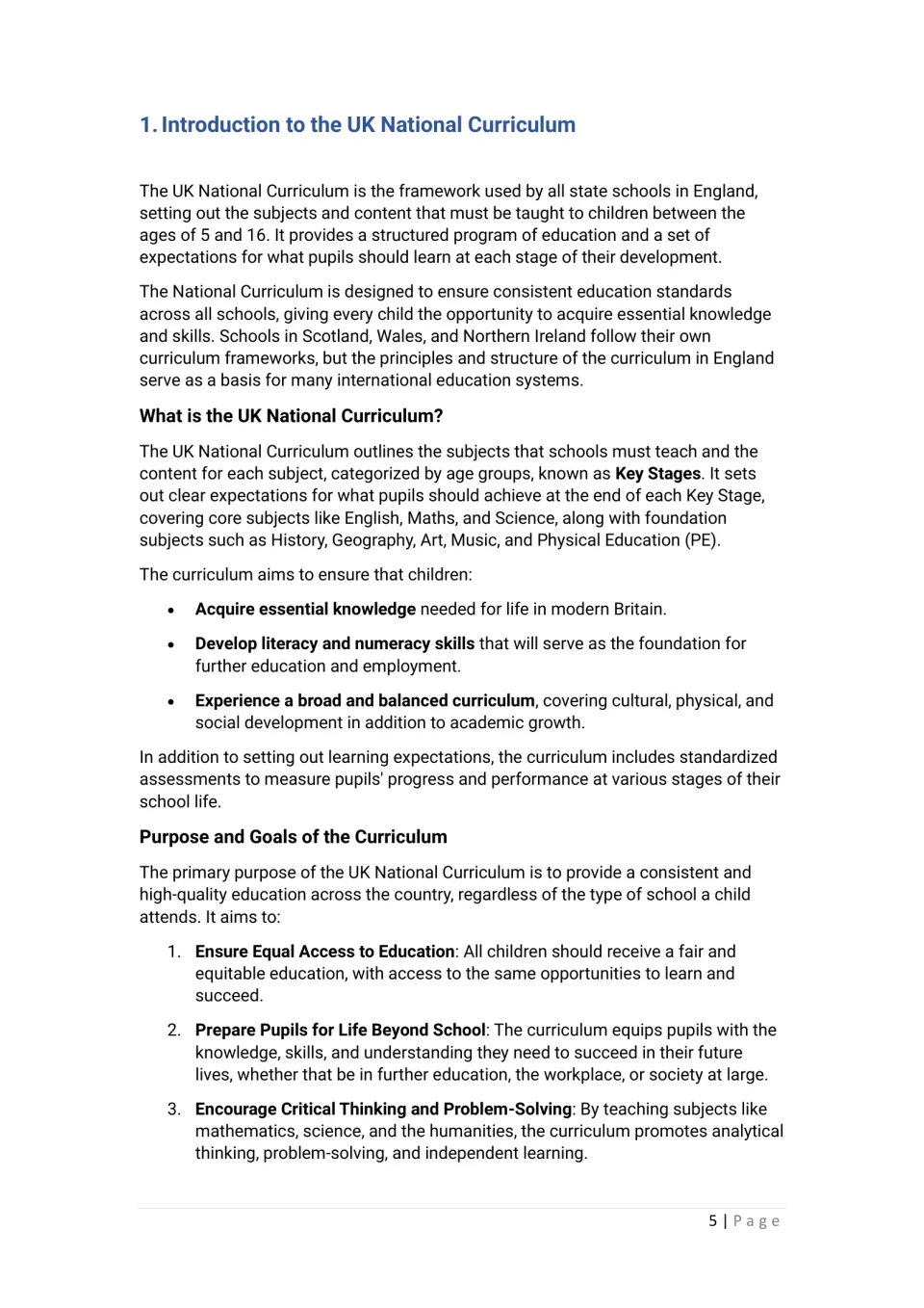 Introduction to the National Curriculum: what it is, core and foundation subjects, its aims, and the first three goals