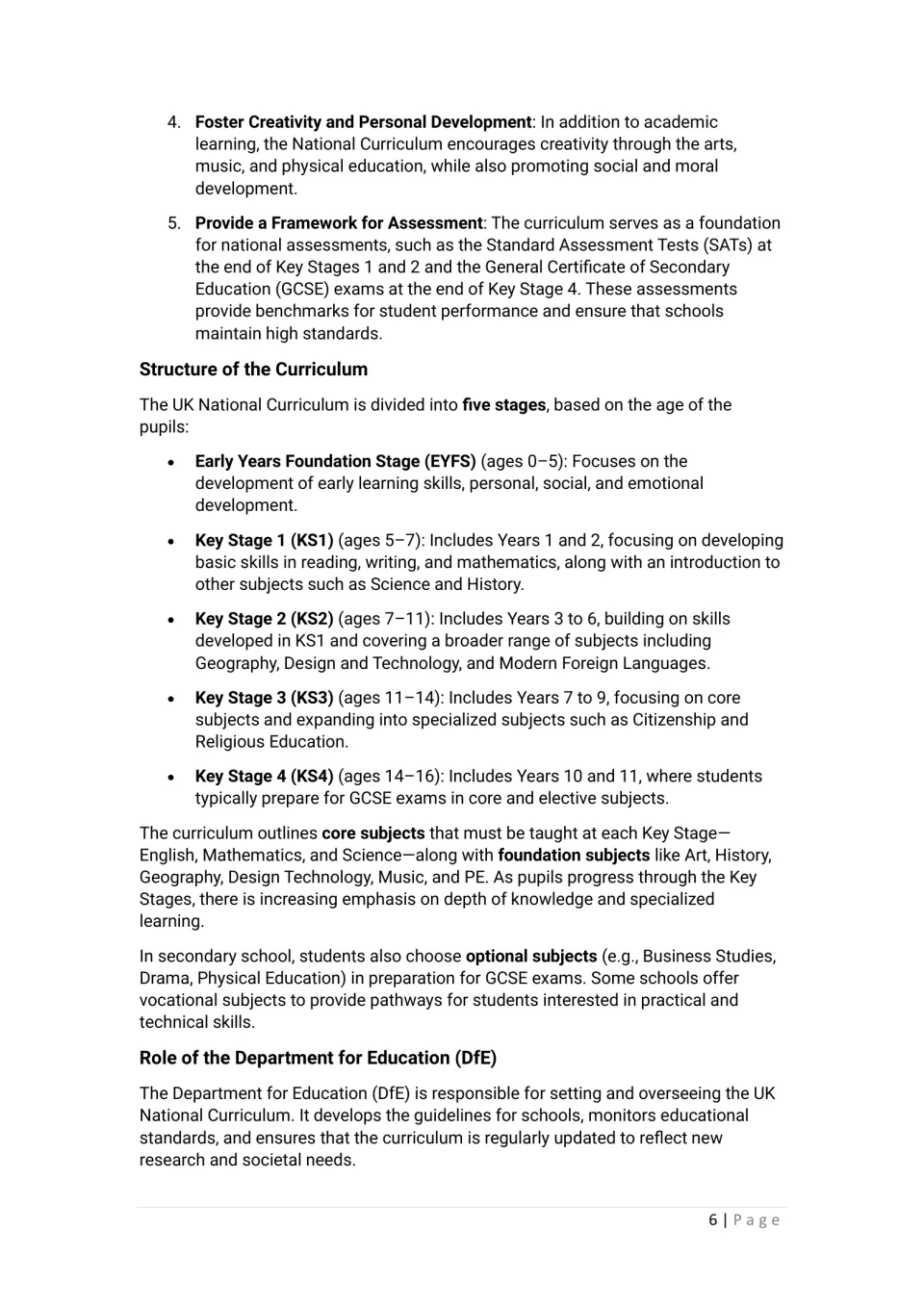 Curriculum structure: goals 4 and 5, EYFS and Key Stages 1 to 4 with ages and year groups, and start of the DfE's role