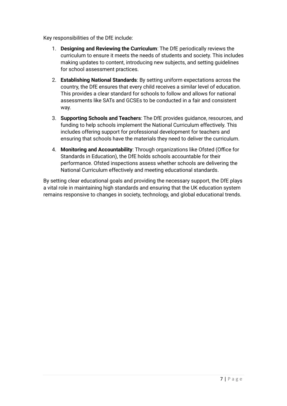 DfE responsibilities: reviewing the curriculum, setting national standards, supporting schools, and Ofsted accountability