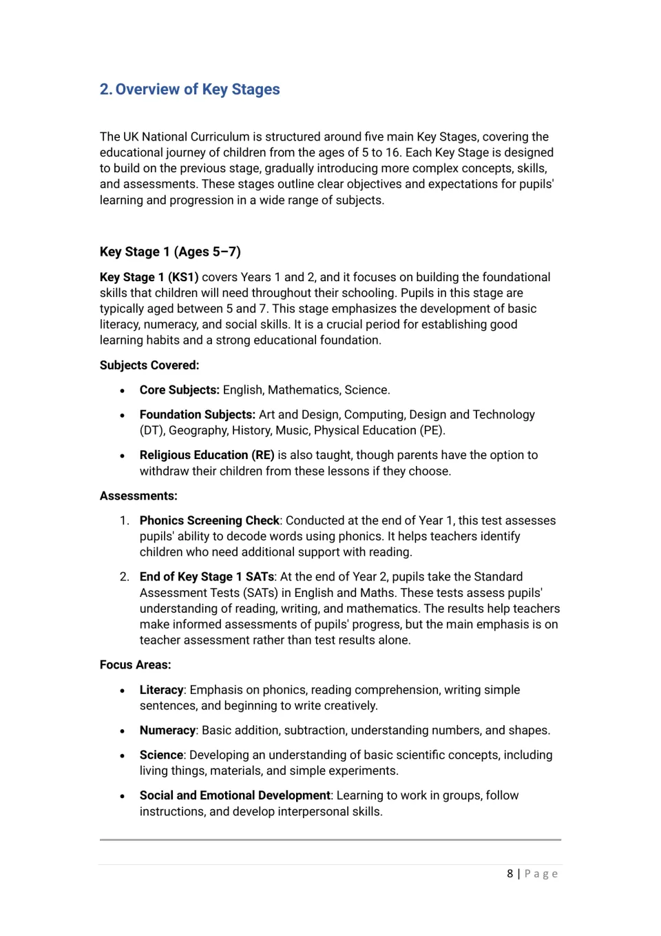 Overview of Key Stages: Key Stage 1 subjects, Phonics Screening Check and Year 2 SATs, and KS1 focus areas