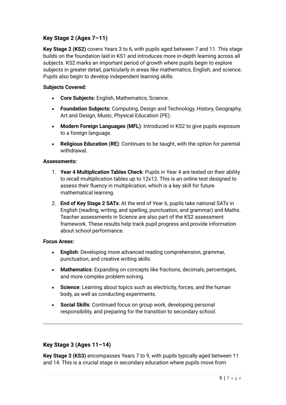Key Stage 2 summary: subjects, Year 4 Multiplication Tables Check, Year 6 SATs, focus areas; Key Stage 3 begins