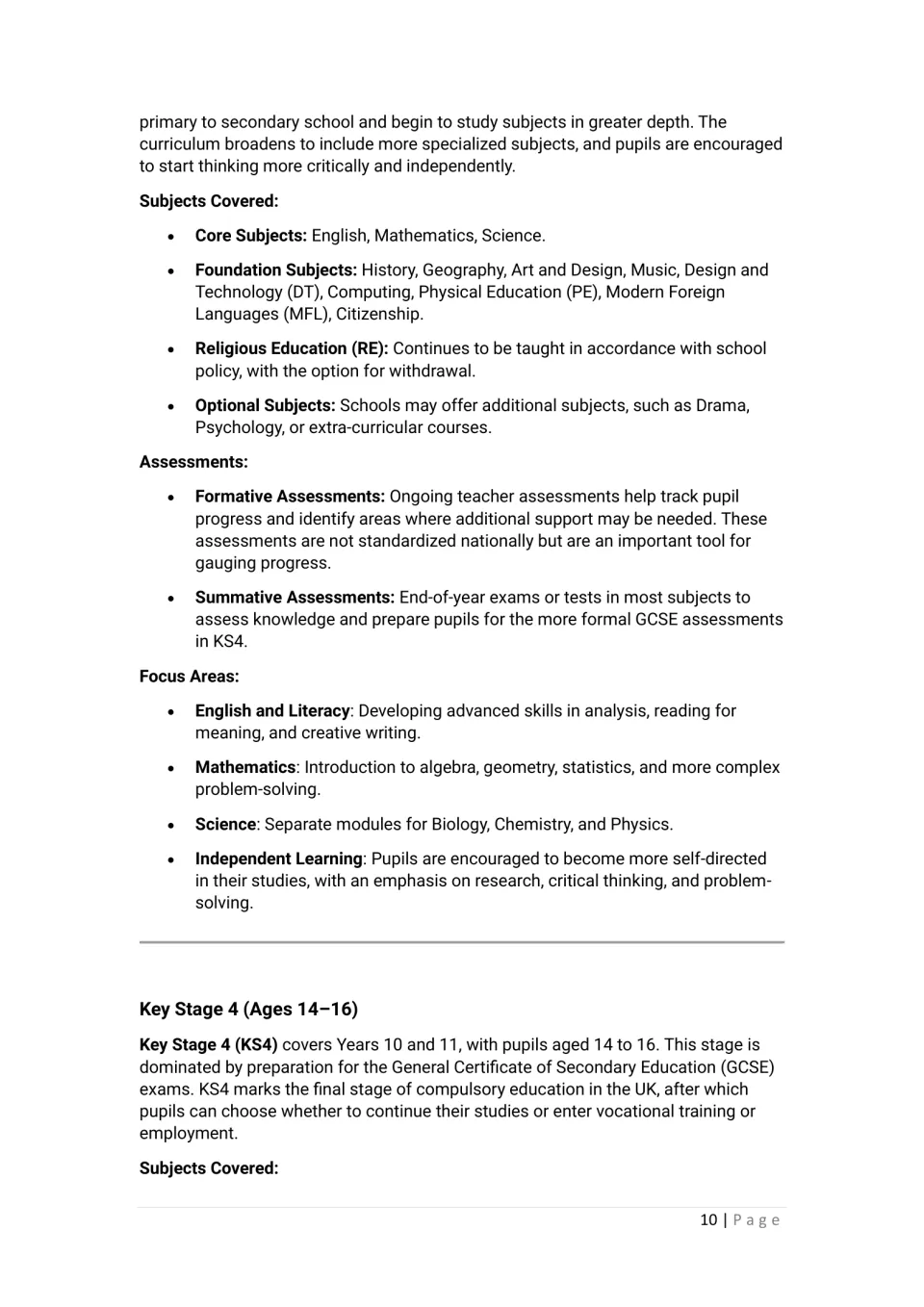 Key Stage 3 subjects, formative and summative assessments and focus areas like algebra; Key Stage 4 and GCSEs introduced