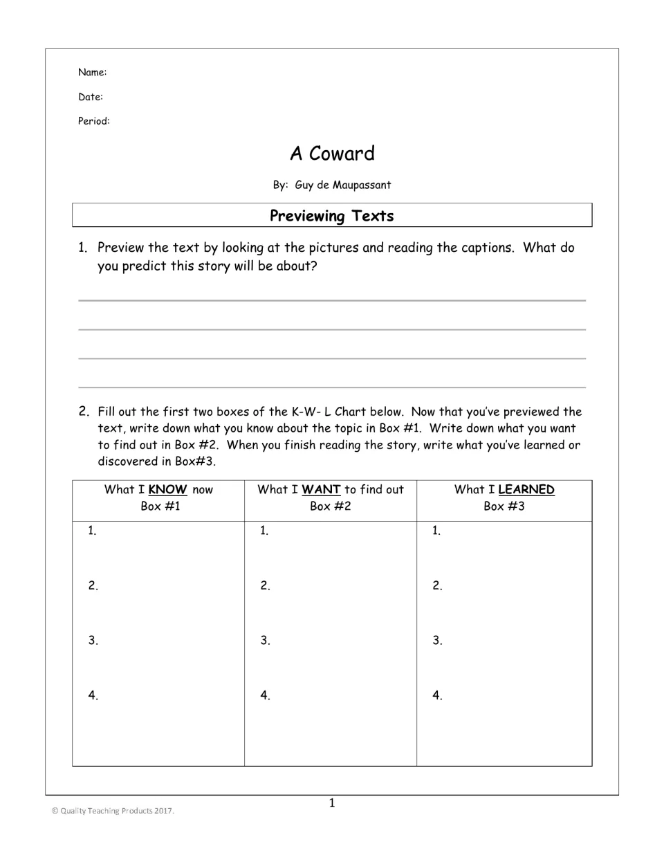 Prereading worksheet: predict the story from pictures and captions, then begin a know-want-learned chart