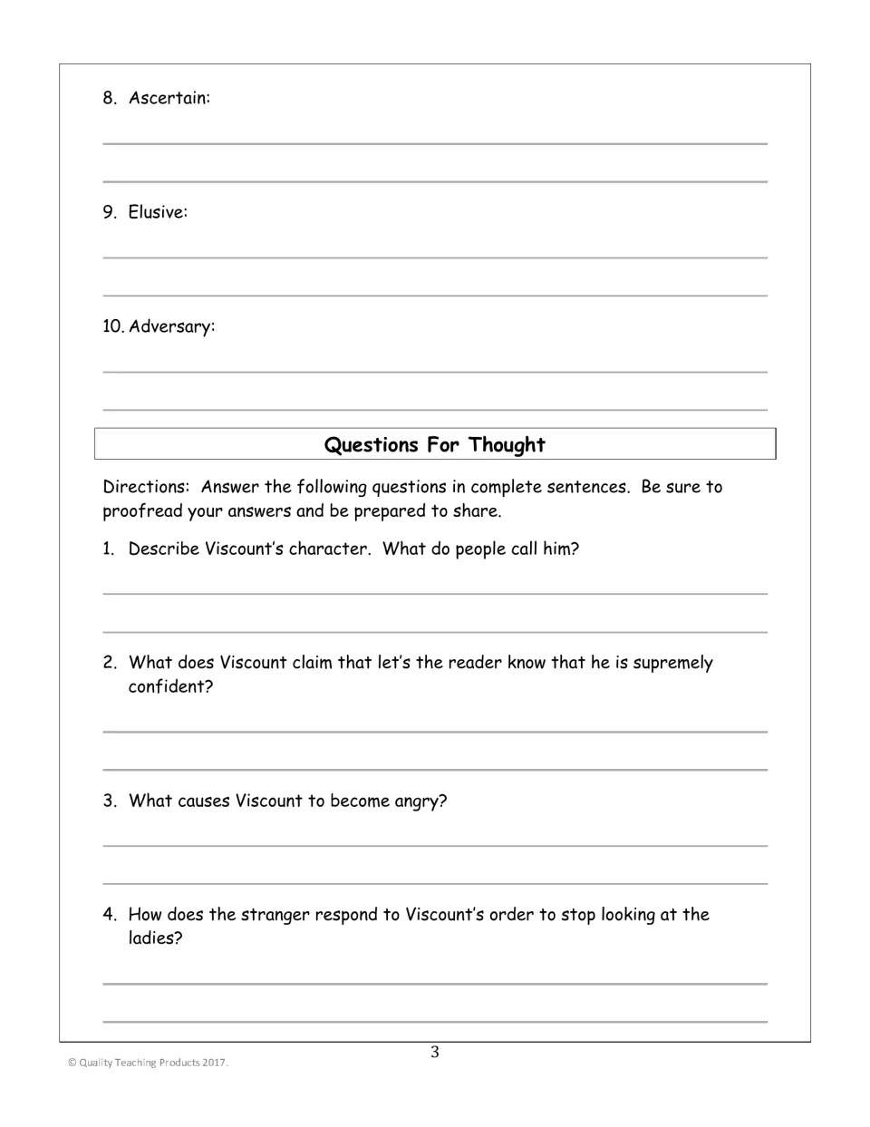 Vocabulary words 8–10: ascertain, elusive, adversary; reading questions 1–4 examine Viscount’s character