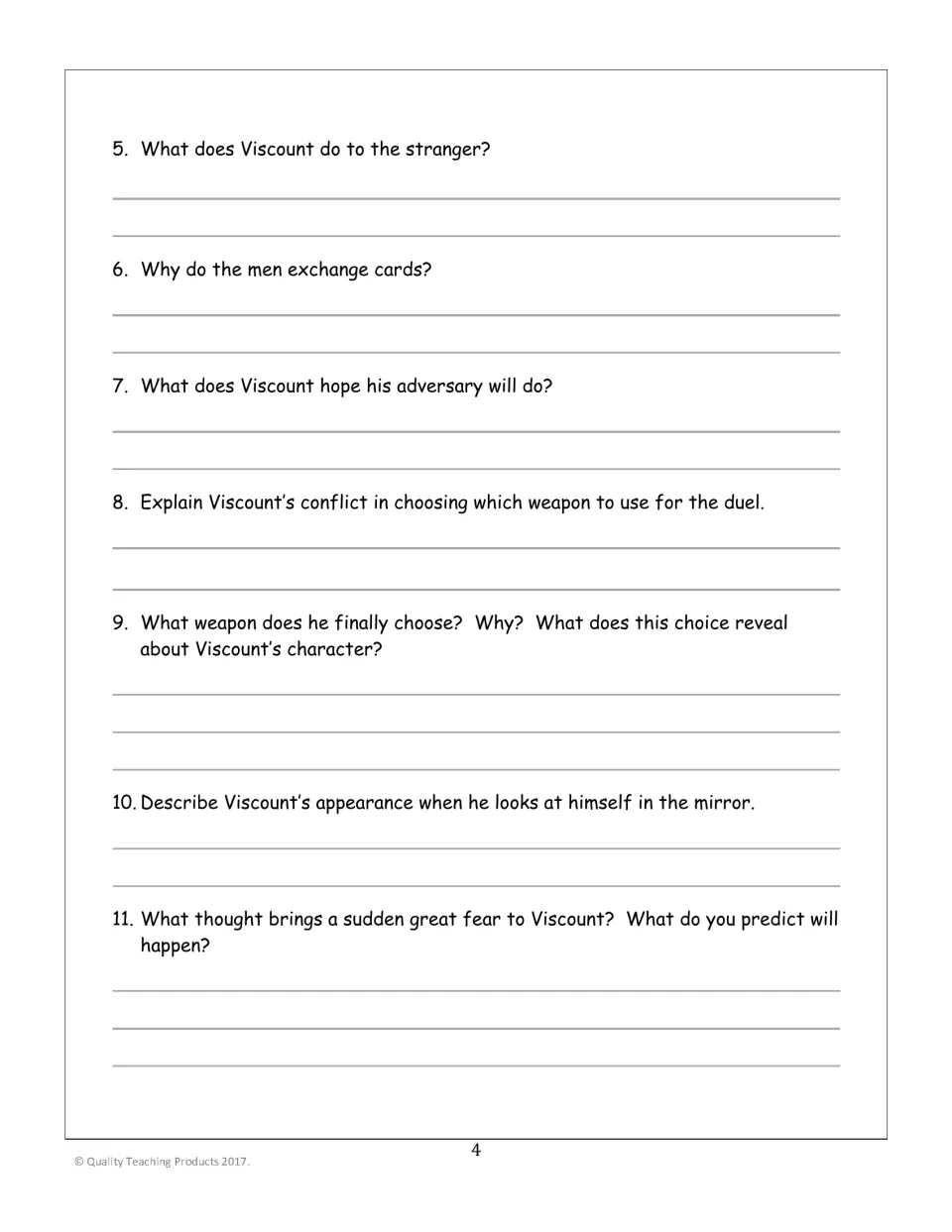 Reading questions 5–11 examine Viscount’s actions, exchanged cards, weapon choice, appearance, and fear