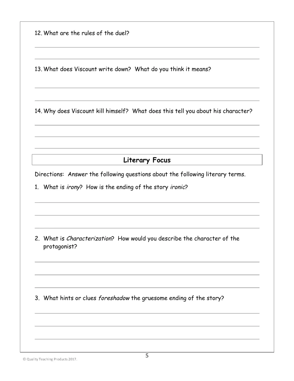 Reading questions 12–14 address the duel and suicide; literary analysis covers irony and foreshadowing