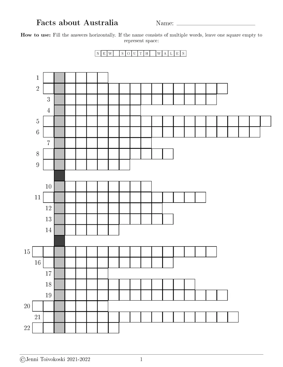 Facts about Australia crossword: students write 22 answers across, leaving a blank square between words