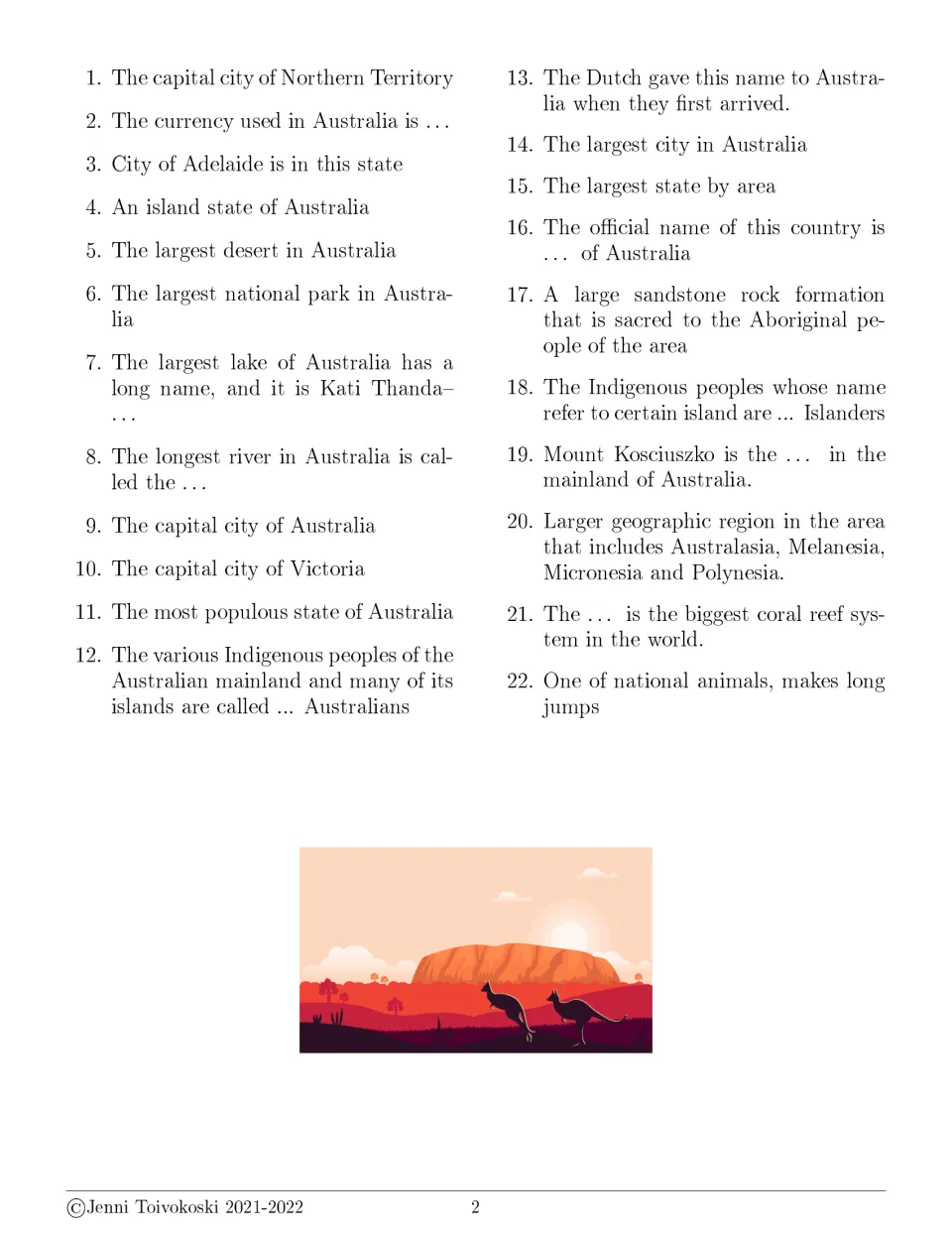 Clues 1-22 for the Australia crossword: students recall capitals, states, Uluru, Murray River and Great Barrier Reef