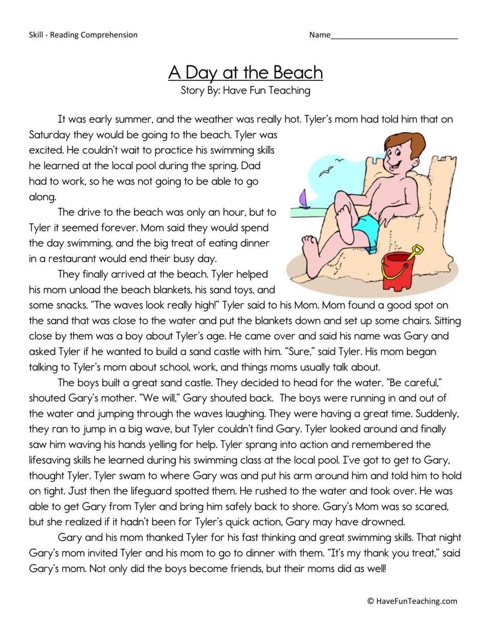 Beach story reading passage: students read how Tyler uses lifesaving swimming skills to rescue his new friend Gary