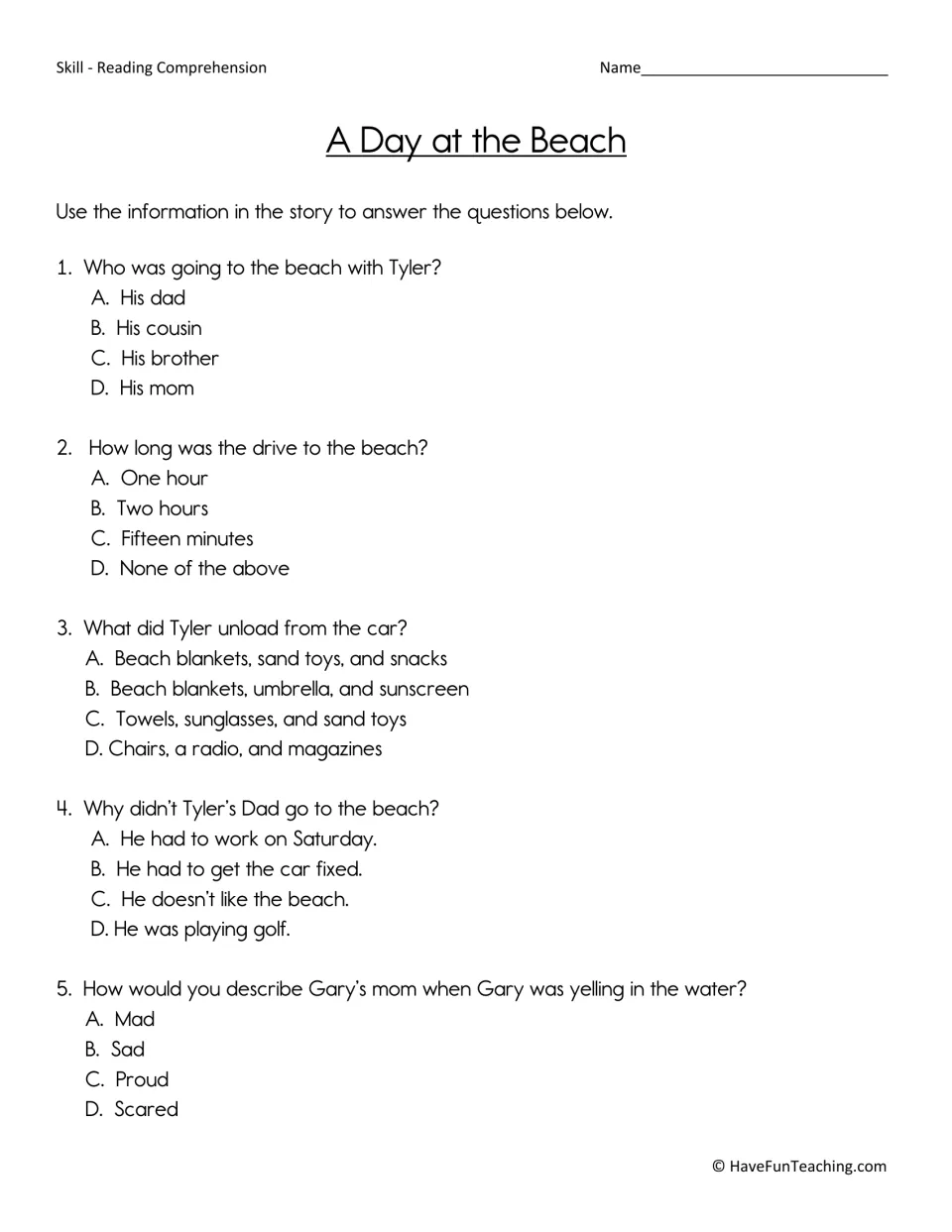 Story comprehension quiz: students answer 5 multiple-choice questions about Tyler's beach trip, recalling key details