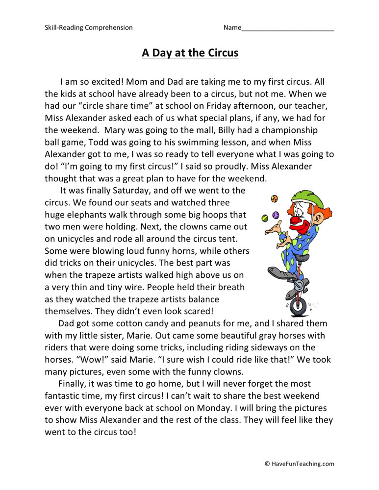 A Day at the Circus Reading Comprehension Worksheet teaching resource preview
