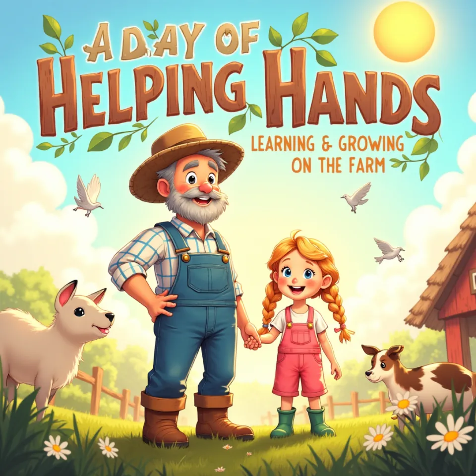 Story cover: A Day of Helping Hands, subtitled Learning & Growing on the Farm, shows Farmer Joe and Lily.
