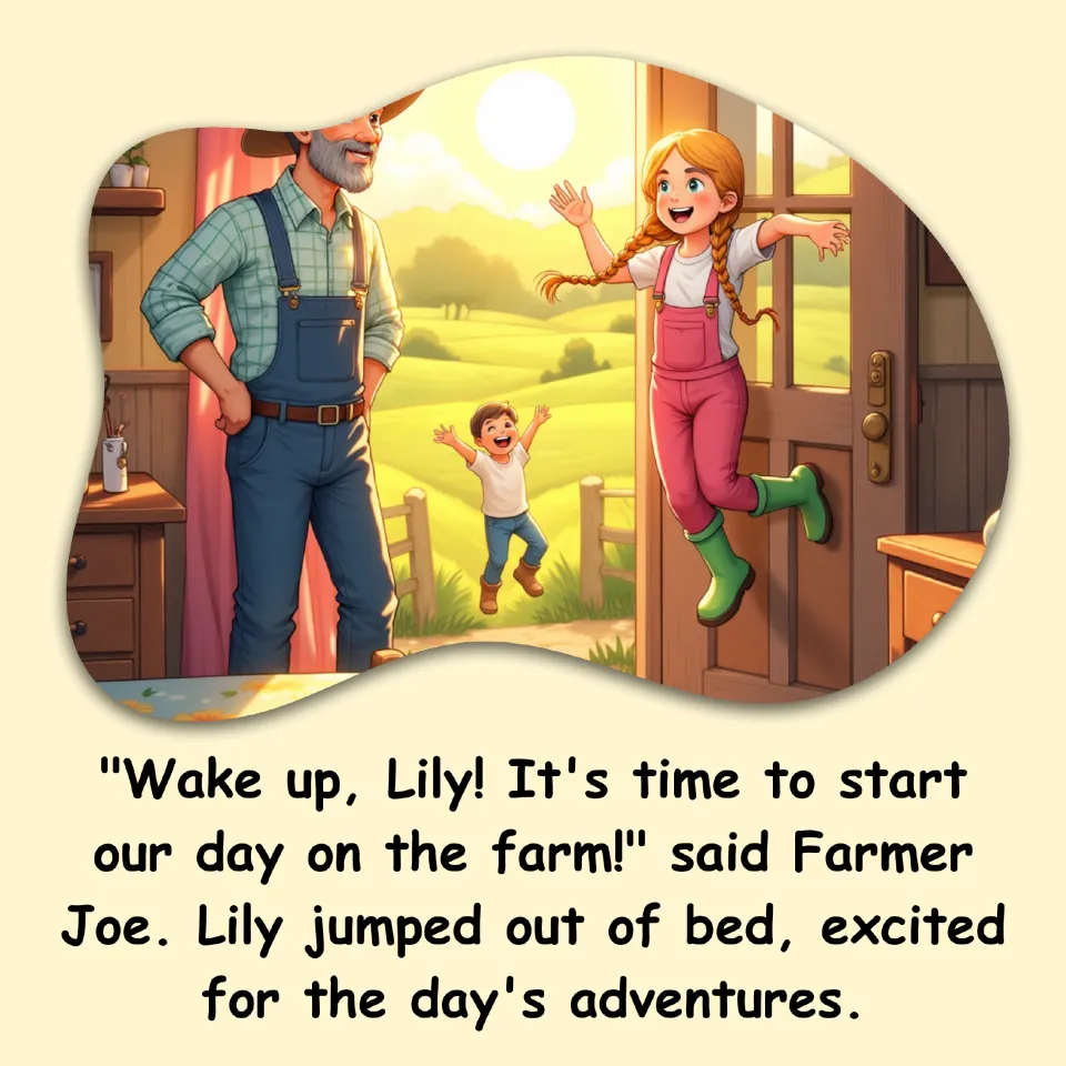 Opening story page: Farmer Joe calls Lily to wake up for their day on the farm, and she jumps out of bed.