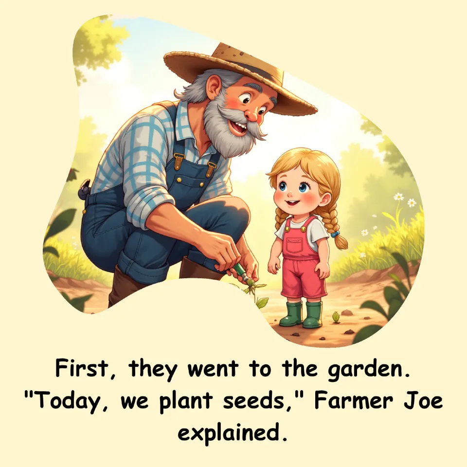 Farm story page: Lily and Farmer Joe go to the garden, where he explains, 'Today, we plant seeds.'