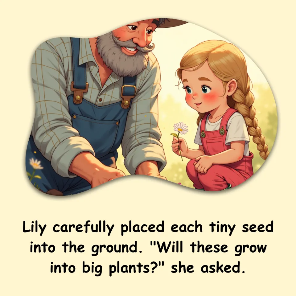 Farm story page: Lily carefully places tiny seeds in the ground and asks if they will grow into big plants.