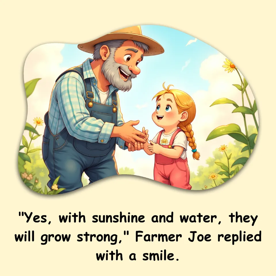 Farm story page: Farmer Joe answers Lily's question, explaining that sunshine and water help plants grow strong.