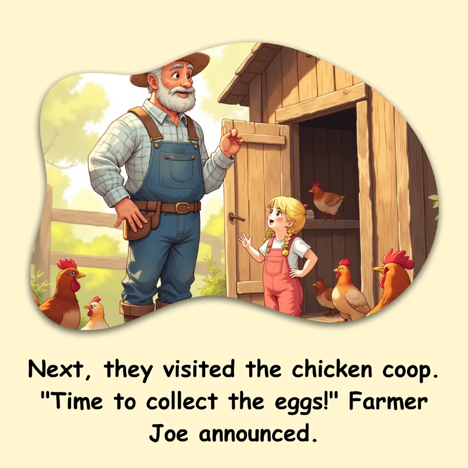 Farm story page: Lily and Farmer Joe visit the chicken coop, and he announces that it is time to collect eggs.