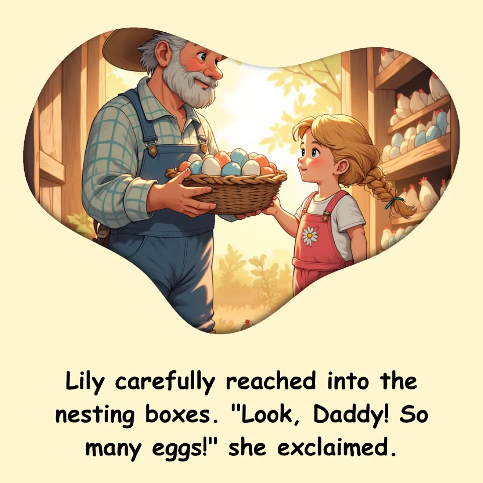 Farm story page: Lily reaches into the nesting boxes and exclaims, 'Look, Daddy! So many eggs!'