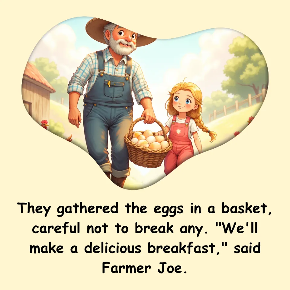 Farm story page: Lily and Farmer Joe gather eggs carefully in a basket, and he says they will make breakfast.