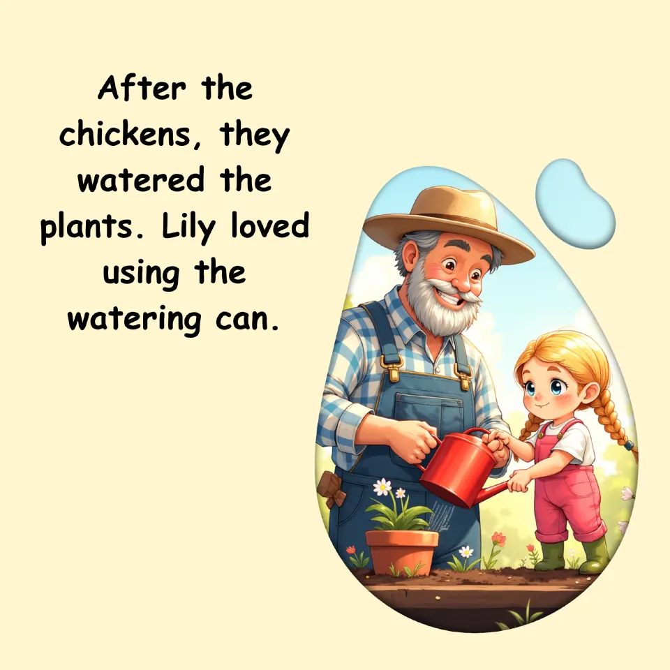Farm story page: After visiting the chickens, Lily and Farmer Joe water the plants using a watering can.
