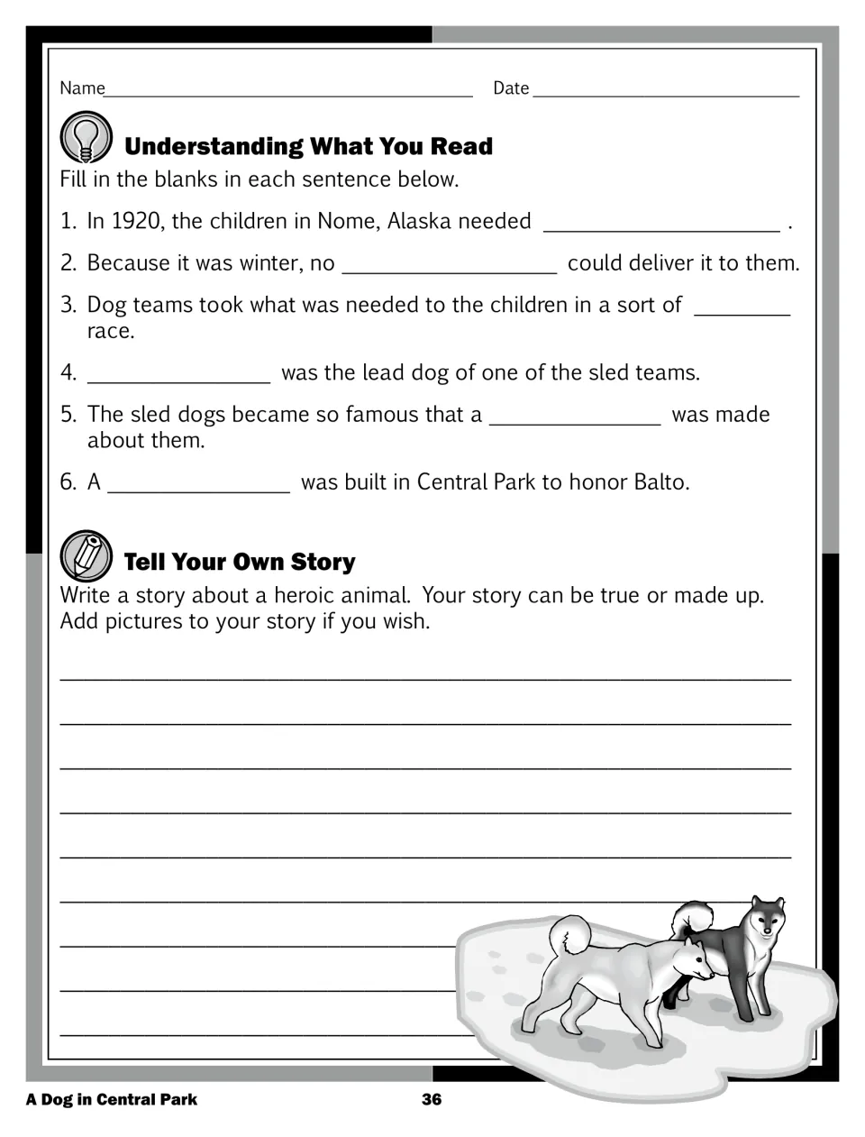 Six fill-in-the-blank questions about Balto's medicine run, then a prompt to write a story about a heroic animal
