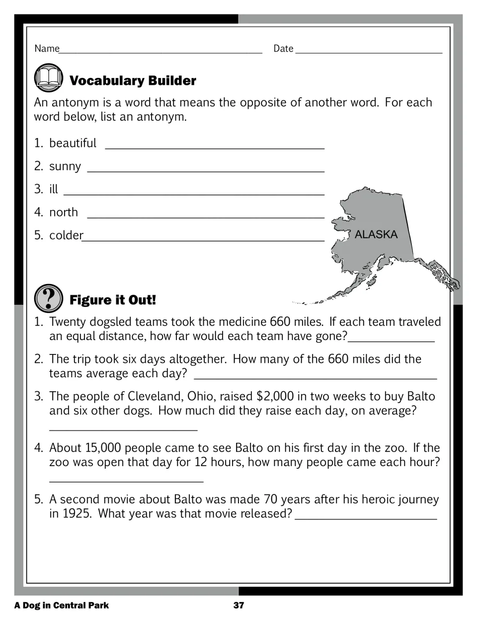 Vocabulary Builder antonyms for beautiful, sunny, ill, north, colder, and five Figure it Out! math word problems