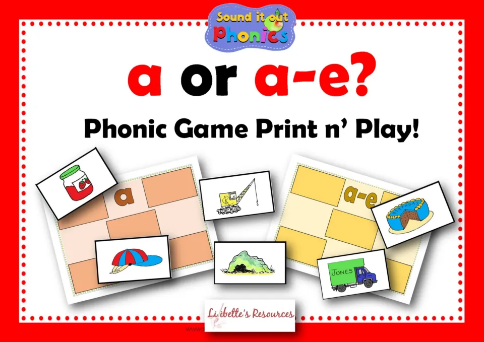 Cover for a or a-e? Phonic Game Print n' Play: short a and long a-e game boards with jam, cap, crane, cake and van cards