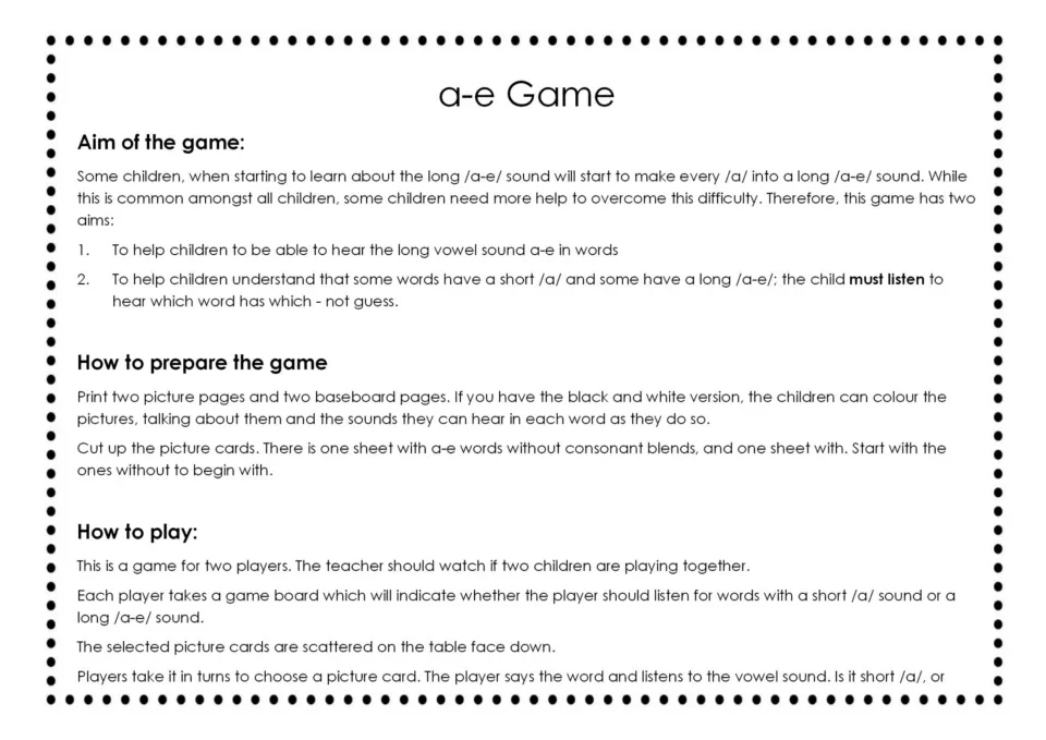 a-e Game instructions: aim of hearing long a-e versus short a, how to print and cut the cards, and turn-taking rules
