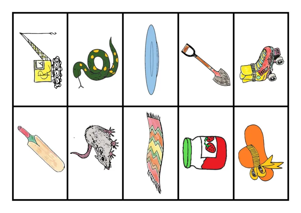Colour picture cards with blends: crane, snake, plate, spade, skate, bat, rat, jam, hat and a fringed mat to sort by vowel