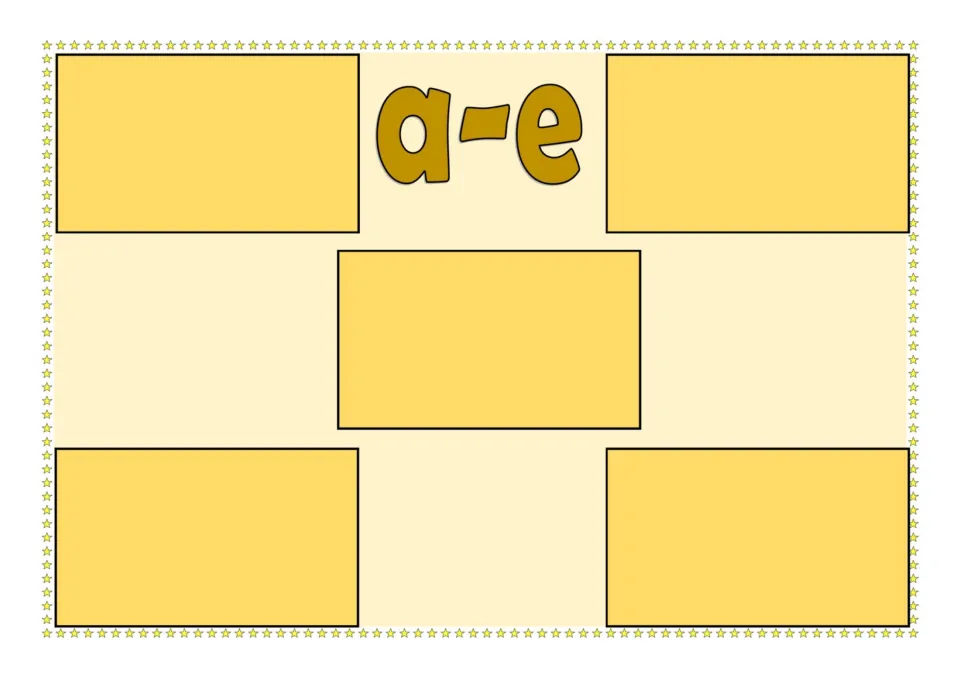 Long a-e game board in yellow, labeled a-e, with five spaces for picture cards whose names have the long a-e vowel sound