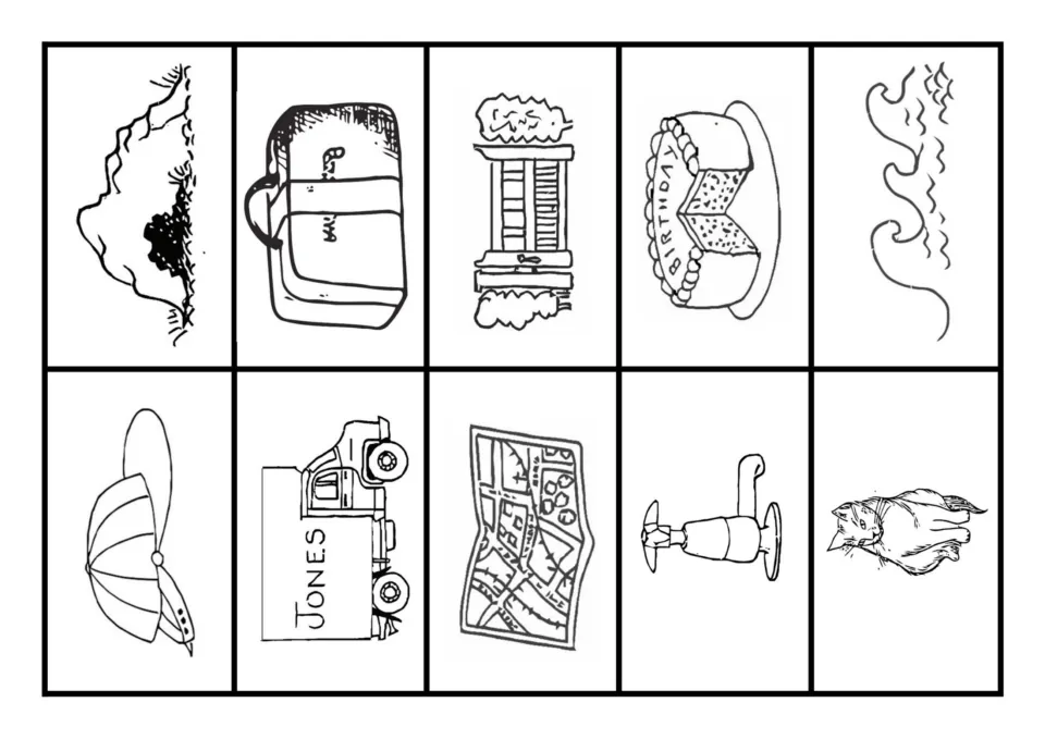 Black and white picture cards to colour: cave, bag, gate, cake, wave, cap, van, map, tap and cat for short a and long a-e