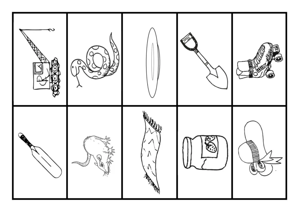 Black and white blend cards to colour: crane, snake, plate, spade, skate, bat, rat, jam, hat and a fringed mat