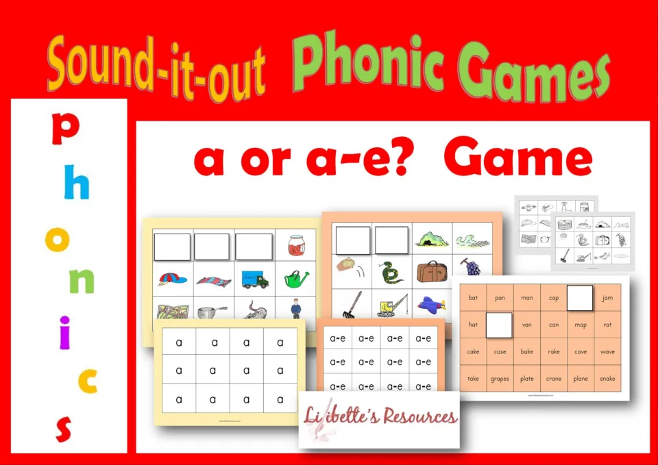 Sound-it-out Phonic Games cover for the a or a-e? Game, showing picture boards, sound boards and a word card