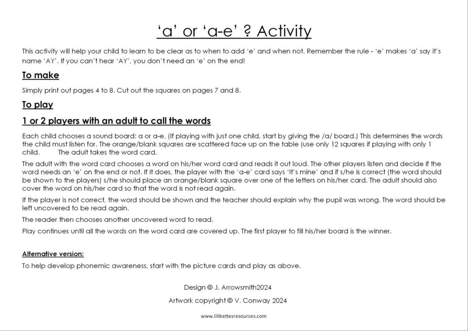 'a' or 'a-e'? Activity directions: the e makes a say its name; how to make the game and play it with an adult caller