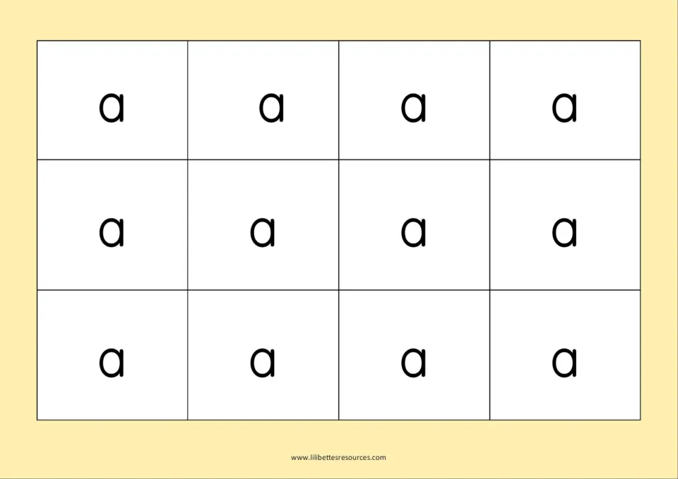 Short a sound board: twelve spaces each printed with the letter a, covered when a called word has no silent e