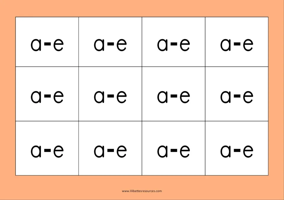 Split digraph a-e sound board: twelve spaces each printed a-e, covered when the called word needs an e on the end
