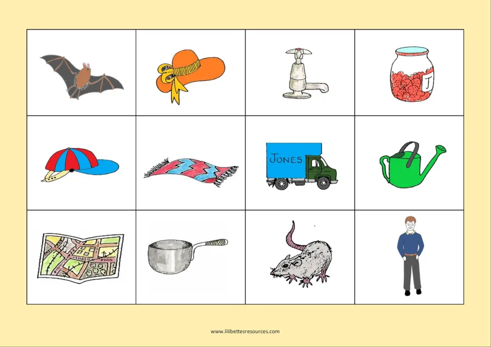 Short a picture board: bat, hat, tap, jam, cap, mat, van, watering can, map, pan, rat and man for listening to the vowel